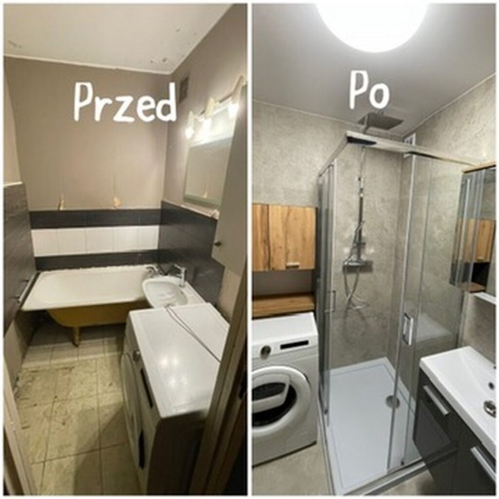 Łazienka przed i po remoncie, ukazująca zmiany w wykończeniach wnętrz. Po lewej stronie widoczny nieodnowiony stan, a po prawej nowoczesna aranżacja z prysznicem. Idealny przykład pracy firmy remontowej. - Żukowo