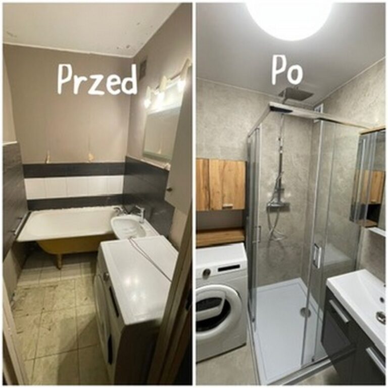 Łazienka przed i po remoncie, ukazująca zmiany w wykończeniach wnętrz. Po lewej stronie widoczny nieodnowiony stan, a po prawej nowoczesna aranżacja z prysznicem. Idealny przykład pracy firmy remontowej.