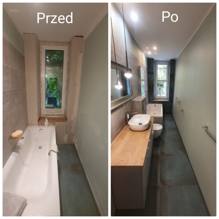 Remont łazienki przed i po, pokazujący nowoczesne wykończenia wnętrz. Przestrzeń zainspirowana estetyką minimalistyczną, z zastosowaniem funkcjonalnych rozwiązań. Idealny przykład pracy firmy remontowej.