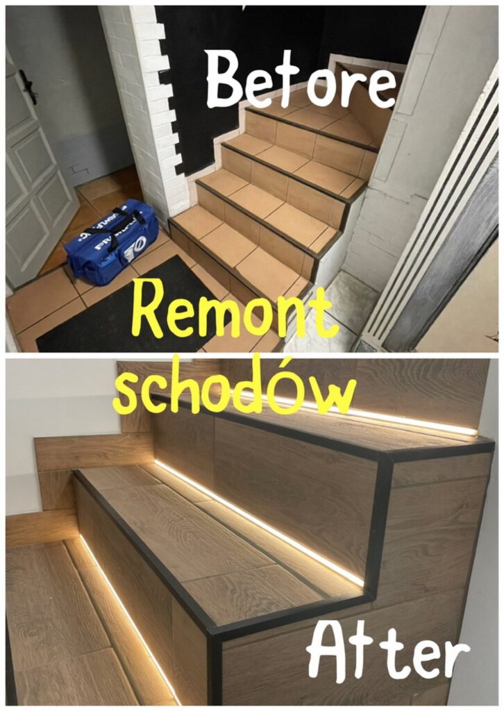 Żukowo - Remont schod&oacute;w wykonany przez firmę remontową, prezentujący transformację przed i po, z nowoczesnymi wykończeniami wnętrz i podświetleniem.