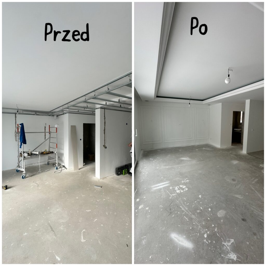 Przykład przed i po remontach wnętrz, pokazujący efekty pracy firmy remontowej. Przestronne pomieszczenie z minimalnym wykończeniem przed oraz eleganckie wykończenia po zakończonym projekcie. - Kartuzy